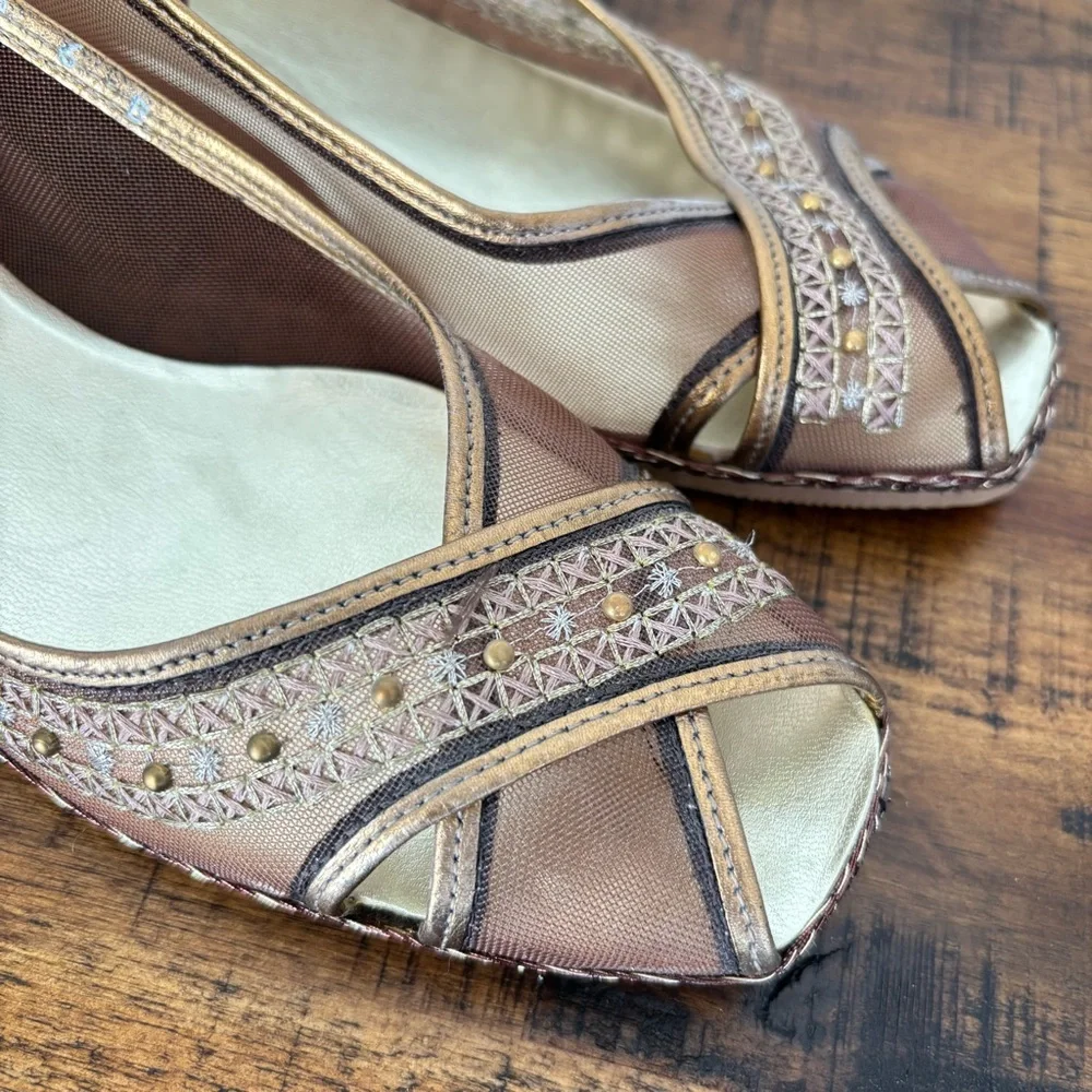 Prevata Gold and Brown Mesh Peep-Toe Wedge Size 6